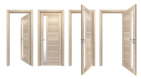 Set of 3D realistic doors with vertical glass stripe and horisontal wooden planks. High resolution texture of light pine wood entrances isolated on white backgroundの写真素材