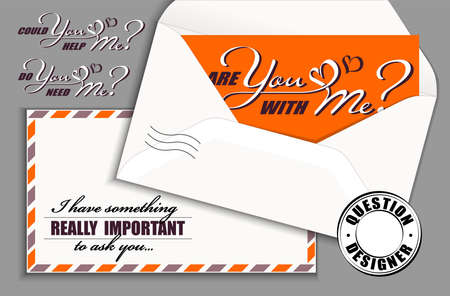 Hand drawn calligraphy lettering with copy space card and vintage envelope. Vector mockup constructor of questions. Do you need me. Could you help me. Are you with me.のイラスト素材