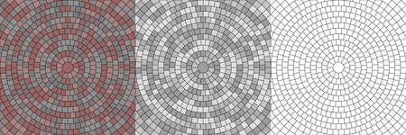 Vector set of seamless round pavement textures of street tiles. Circle repeating patterns of radial cobble stone material backgroundのイラスト素材