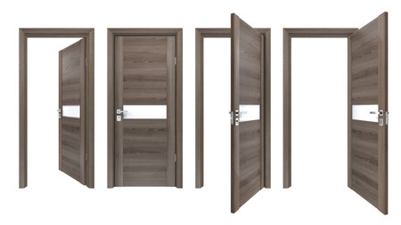 Modern set of gray oak wooden doors with matt glass stripe, isolated on white. Simple contemporary style of brown indoor entrance for minimalistic style house interior designの写真素材
