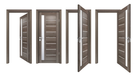 Contemporary set of 3D realistic doors with vertical glass stripe and horizontal wooden planks. High resolution texture of gray oak wood entrances isolated on white backgroundの写真素材