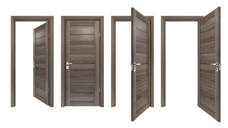 Set of modern, solid hard wood, single, 3D realistic entrances. Front view of closed and open intside, outside doors with gray oak wooden planksの写真素材
