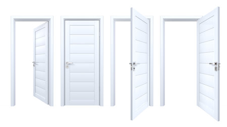 Set of modern, solid wood, single, 3D realistic entrances. Front view of closed and open inside, outside doors with white wooden, laminated plastic planksの写真素材