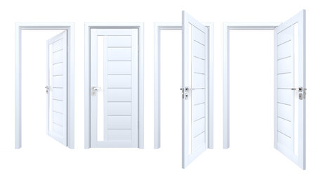 Set of 3D modern realistic doors with vertical glass stripe and horizontal wooden planks. Contemporary style wood and plastic entrances isolated on white backgroundの写真素材