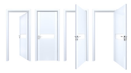 Wooden set of laminated plastic doors with matt glass stripe, isolated on white. Simple modern style of indoor wood entrance for minimalist style interior designの写真素材