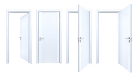 Set of classic style solid wood doors closed and open outside, inside of house room. Simple modern white wooden doorways for home interior designの写真素材