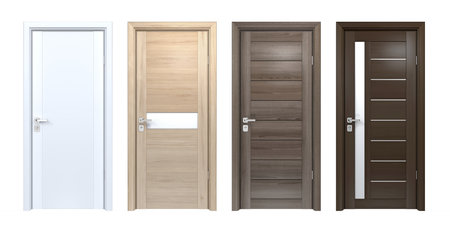 Modern design set of high resolution wooden texture house doors. Front closed view of pine, oak, wenge wood 3D home entrances isolated on whiteの写真素材