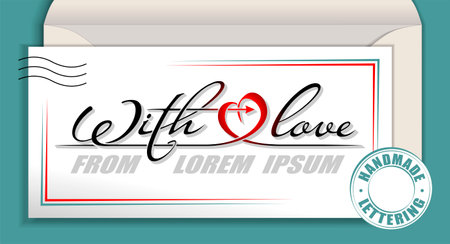 Hand drawn concept illustration of lettering With Love From. Handwritten vector text phrase on wedding greeting card, Valentine heart sign, arrow line design isolated on whiteのイラスト素材