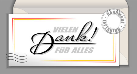 Handwritten lettering in Deutsch language Vielen Dank fur alles - Many thanks for everything. Vector calligraphy phrase Thank you very much isolated on white envelope cardのイラスト素材