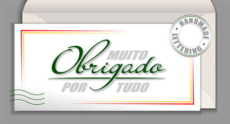 Handwritten Portuguese language lettering Muito Obrigado por tudo - Thank you for everything. Portugal vector calligraphy phrase Thank You so very much isolated on white envelope cardのイラスト素材