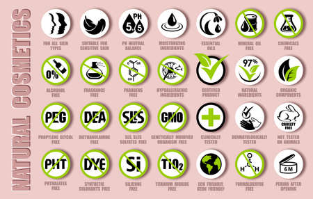 Vector package icon set of natural cosmetics icons, organic components signs, bio ingredients pictograms, eco friendly labels, bio products packagingのイラスト素材