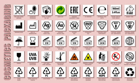 Full ISO standard set of cosmetics packaging black icons isolated on white. Vector signs for cosmetic and chemicals product packageのイラスト素材