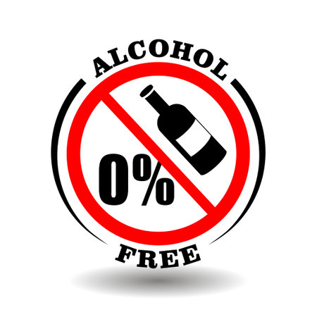 Alcohol free vector icon for product packaging symbol, isolated on white. Round prohibited stamp No alcohol percents contains bottleのイラスト素材
