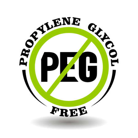 Prohibited vector stamp Propylene glycol free for bio packaging label. Round sign No PEG in healthy products logo, bio chemicals icon, organic cosmetics pictogram, natural medical farmacy markingのイラスト素材