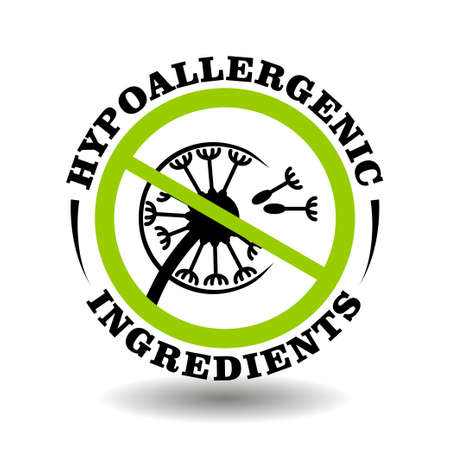 Vector stamp Hypoallergenic ingredients with dandelion illustration. Round icon for non allergic cosmetic and chemical product packagingのイラスト素材