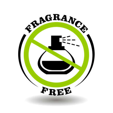 Fragrance free vector stamp with prohibited perfume bottle. Round icon for natural organic cosmetics packaging without synthetic scent and artificial smellのイラスト素材