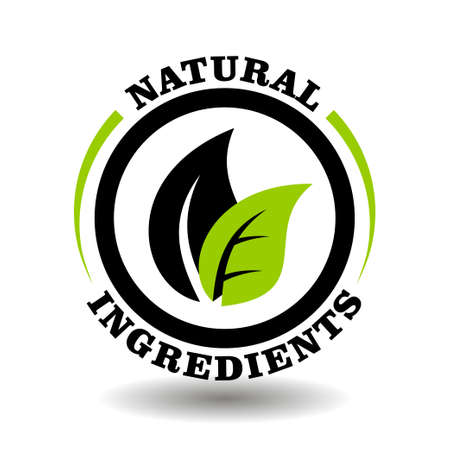 Natural eco ingredients vector stamp with green leaf illustration. Round logo for certification of bio organic cosmetics packaging signのイラスト素材