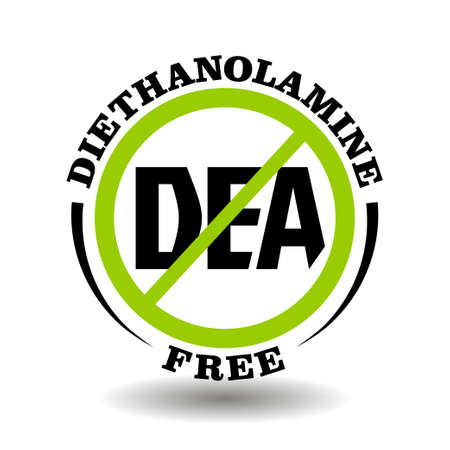 Vector stamp Diethanolamine free, non DEA, no DEOA additive in cosmetic, food, medical product. Round prohibited icon for packaging symbolのイラスト素材