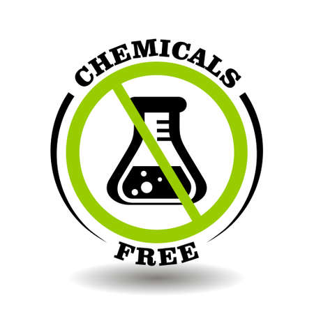 Chemicals free vector stamp for product packaging symbol. Round prohibited sign with chemical flask icon isolated on whiteのイラスト素材