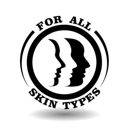 Vector stamp with face profiles illustration for cosmetics packaging label. Round icon of cream, lotion, soap, shampoo for all skin typesのイラスト素材