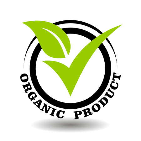 Organic product vector stamp with green leaf illustration as check mark. Round logo for certification of bio natural cosmetics packaging signのイラスト素材