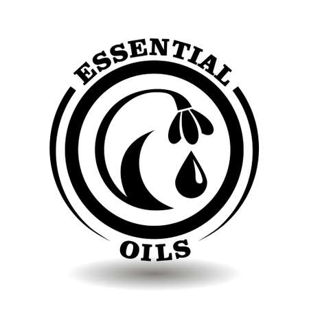 Vector stamp Essential oils drop with hand drawn floral illustration. Round black icon for natural cosmetics, organic food, eco medical products packagingのイラスト素材