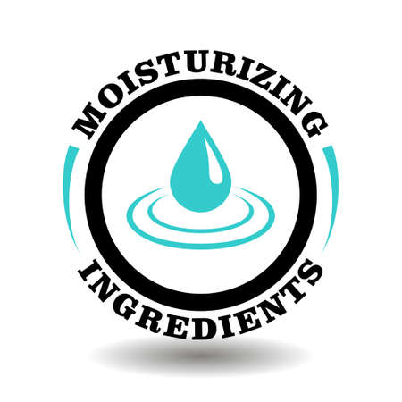 Moisture ingredients vector stamp for moisturizing cosmetics package. Round icon with water oil drop icon for cream, lotion, chemical packagingのイラスト素材