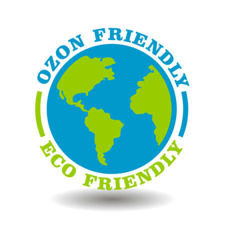 Eco friendly sign, ozone friendly icon with Earth symbol isolated on white. Round stamp for ecological organic natural products packagingのイラスト素材
