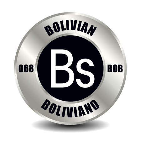Bolivia money icon isolated on round silver coin. Vector sign of currency symbol with international ISO code and abbreviationのイラスト素材