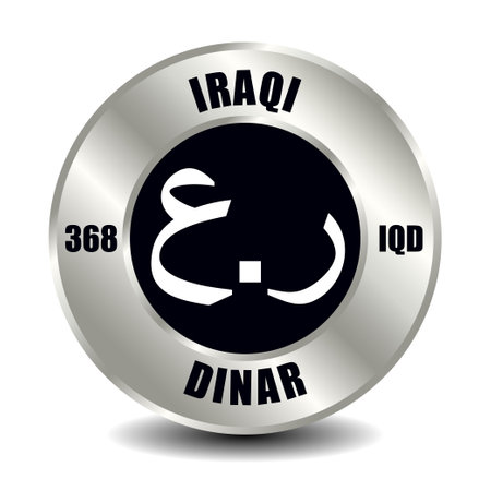 Iraq money icon isolated on round silver coin. Vector sign of currency symbol with international ISO code and abbreviationのイラスト素材