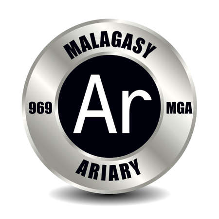 Madagascar money icon isolated on round silver coin. Vector sign of currency symbol with international ISO code and abbreviationのイラスト素材