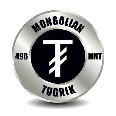 Mongolia money icon isolated on round silver coin. Vector sign of currency symbol with international ISO code and abbreviationのイラスト素材