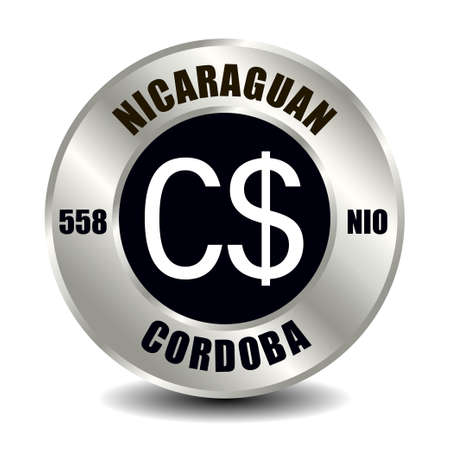 Nicaragua money icon isolated on round silver coin. Vector sign of currency symbol with international ISO code and abbreviationのイラスト素材