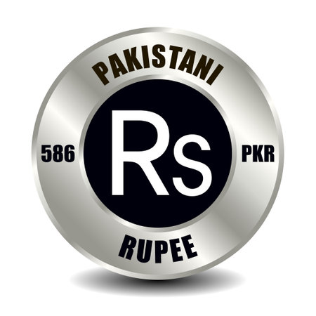 Pakistan money icon isolated on round silver coin. Vector sign of currency symbol with international ISO code and abbreviationのイラスト素材