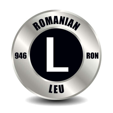 Romania money icon isolated on round silver coin. Vector sign of currency symbol with international ISO code and abbreviationのイラスト素材
