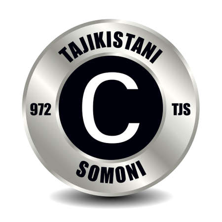 Tajikistan money icon isolated on round silver coin. Vector sign of currency symbol with international ISO code and abbreviationのイラスト素材