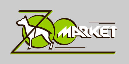 Concept logo name for Zoo market, zoopark banner, pet shop advertising, domestic animals store, veterinary clinic title, hunt dog club brand with doberman silhouette icon and creative lettering text wordのイラスト素材