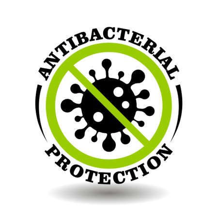 Vector circle stamp Antibacterial Protection with bacteria icon, virus sign, microbe prohibited symbol for medical, chemical, cosmetic products packaging with antiseptic disinfectant ingredientsのイラスト素材