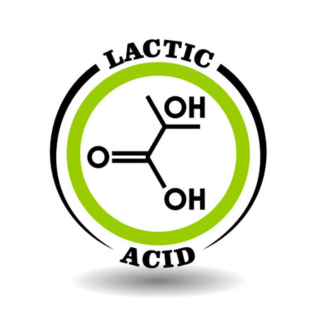 Circle vector icon with chemical formula of Lactic Milk Acid symbol for packaging signs of cosmetics, tags of medical products with lactate ingredientsのイラスト素材
