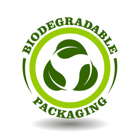 Simple circle   Biodegradable packaging with green leaves recycling arrows symbol in vector round icon for plastic free products labeling. Creative concept of bio degradable packのイラスト素材