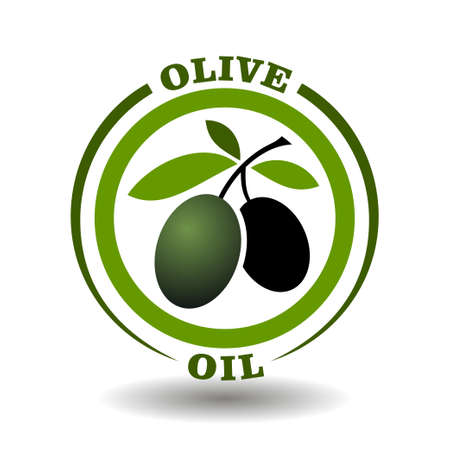 Vector circle logo Olive oil with green leaves branch and black fruit symbol in round pictogram for organic cosmetics sign, natural food labeling tags and herbal medicine products packaging contain olives oil ingredientのイラスト素材