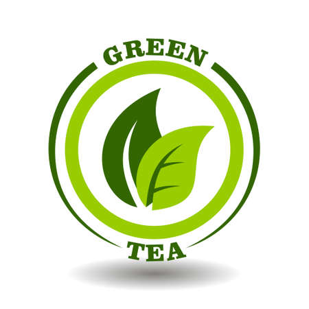 Vector circle logo Green tea with leaves symbol in round pictogram for organic cosmetics sign, natural food labeling tags and herbal medicine products packaging contain green tea ingredientのイラスト素材
