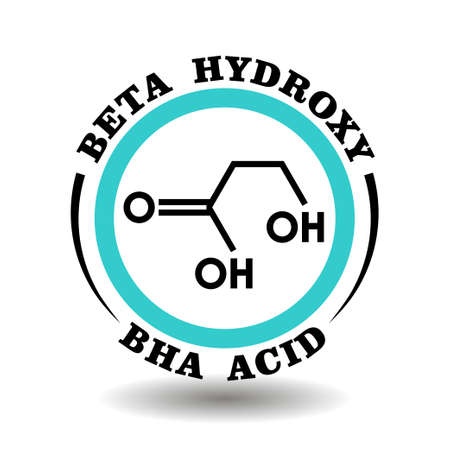 Circle vector icon Beta Hydroxy Acid with chemical formula of BHA symbol for packaging signs of exfoliant scrub cosmetics, tags of skin peelable products with pore cleansing acid ingredientのイラスト素材