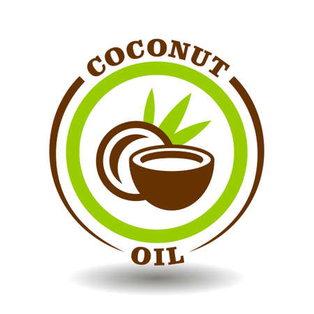 Simple circle logo Coconut oil with round half cut nut shells icon and green palm leaves symbol for labeling product contain natural organic coconut milk in package pictogram signのイラスト素材