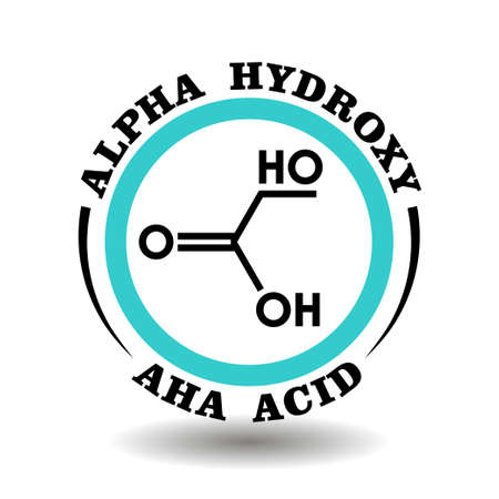 Circle vector icon Alpha Hydroxy Acid with chemical formula of AHA symbol for packaging signs of exfoliant scrub cosmetics, tags of skin peelable products with natural organic fruit acids ingredientのイラスト素材