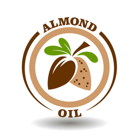 Simple circle Almond oil with round half cut nut shells icon and green leaves symbol for labeling product contain natural organic sweet almond milk in package pictogram signのイラスト素材