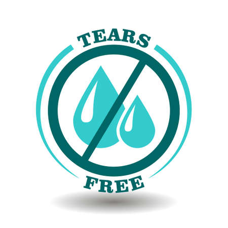 Simple vector round No Tears, Tears Free icon for gentle care cosmetic products with soft formula sign. Prohibited liquid water drops symbol in blue circle pictogramのイラスト素材