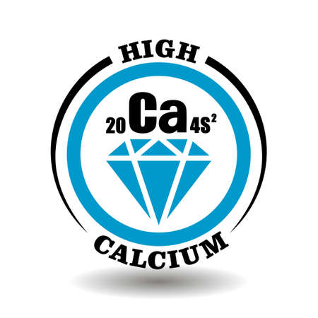 Circle vector icon with chemical Calcium symbol and mineral illustration of blue diamond crystal for packaging signs of cosmetics and medical products with high calcium levelのイラスト素材
