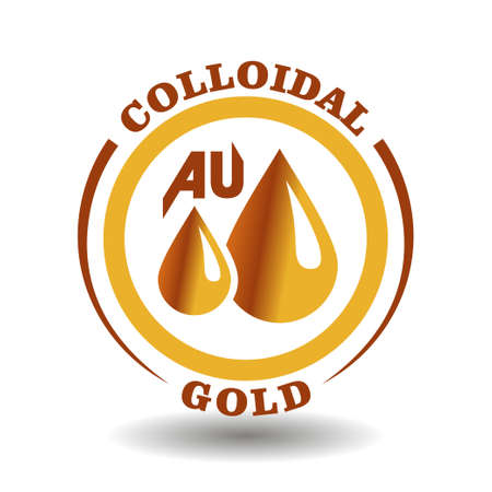 Creative round vector icon of Colloidal Gold ingredient with yellow drops circle sign for labeling luxury cosmetics contain Golden liquid solution, beauty product package with Aurum chemical symbolのイラスト素材