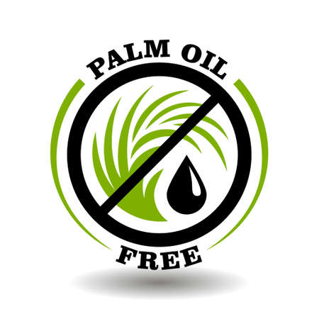 Simple circle logo Palm Oil Free with green tree leaf icon, No oil drop and round prohibited symbol for labeling organic healthy products without palm oil package pictogramのイラスト素材